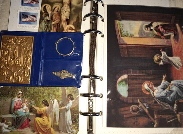 Becoming a Junior Nun I was given cards, I saved some of the stamps from the USA Nun's present, and she gave me a pocket folder containing a tiny Virgin Mary Statue, metal picture plaque, and rosary ring